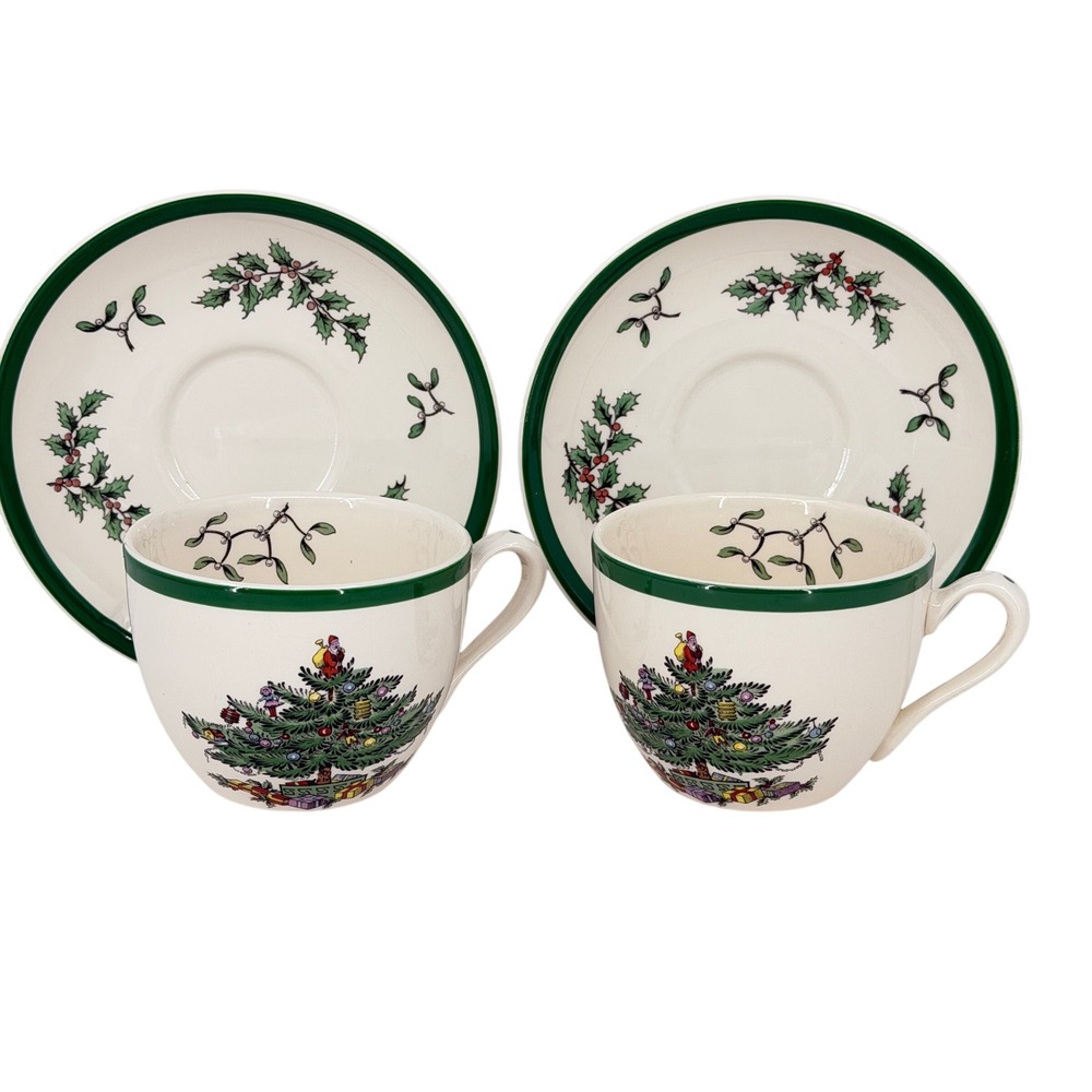 Spode England Christmas Tree Tea Cup and Saucer Set of 2 Multi Color